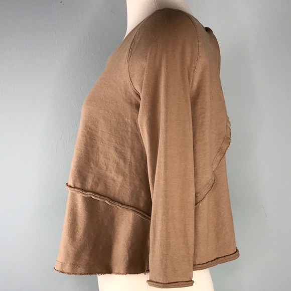 Free People Brown Crop Top Size XS Blouse 3/4 Sleeves Raw Edge Sustainable Boho - Picture 6 of 8
